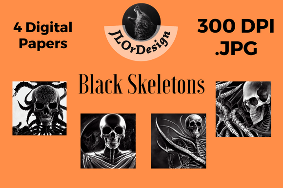 4 Black Skeleton Halloween Digital Paper for Bold Designs