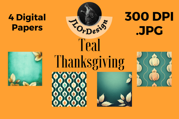 4 Teal Retro Thanksgiving Digital Papers for Seasonal Design