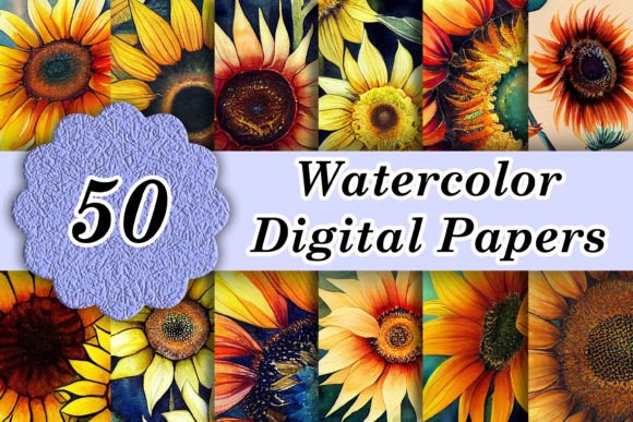 50 Watercolor Sunflowers Digital Papers for Vibrant Projects