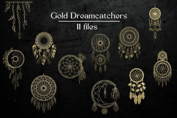 Gold Dreamcatchers Collection: Hand-Drawn PNG Design Assets